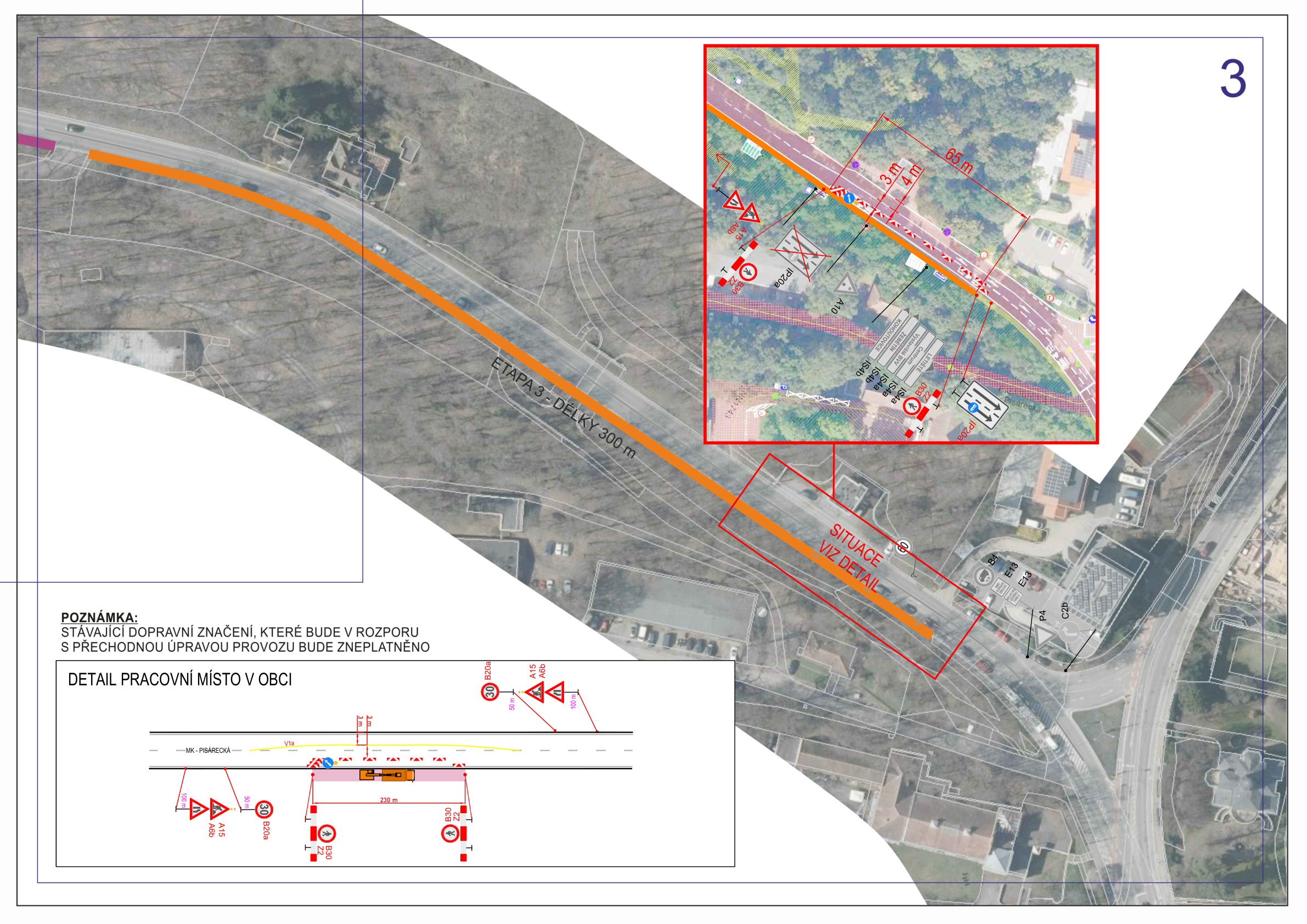 Výkres přechodného dopravního značení – výstavba chodníku na Pisárecké, strana 4