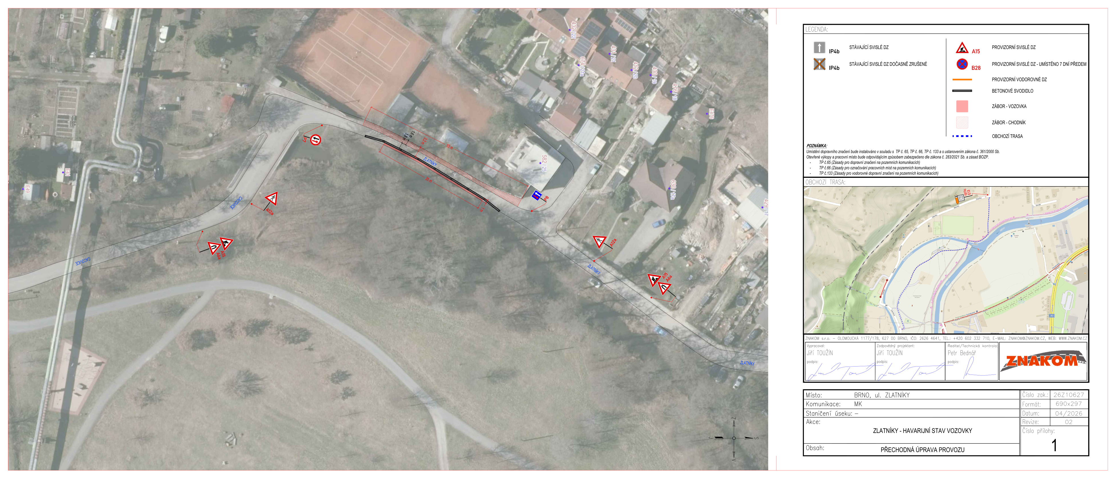 Situační výkres přechodného dopravního značení na ulici Zlatníky