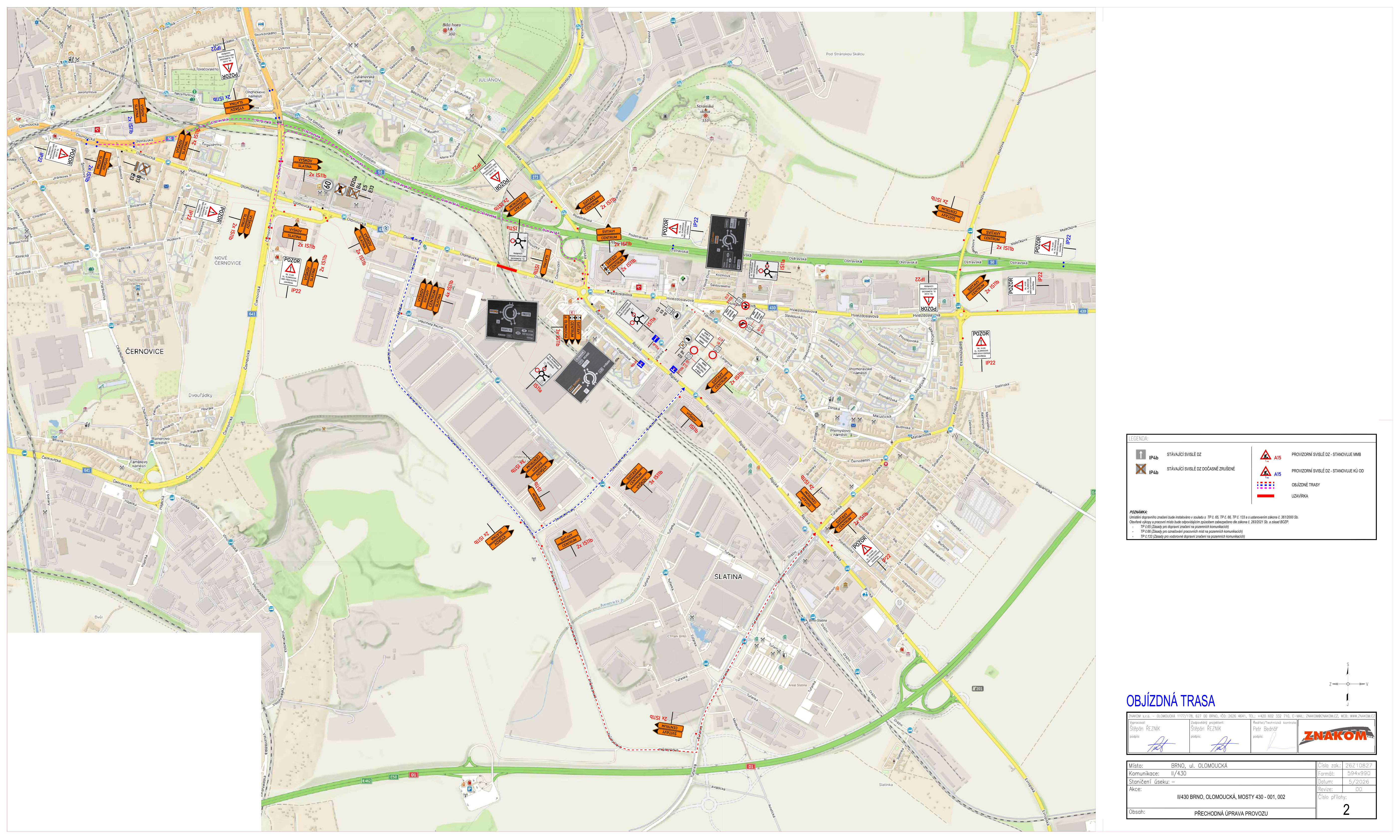 Výkres PDZ — Olomoucká mosty 430-001, 002 — přehled objízdných tras