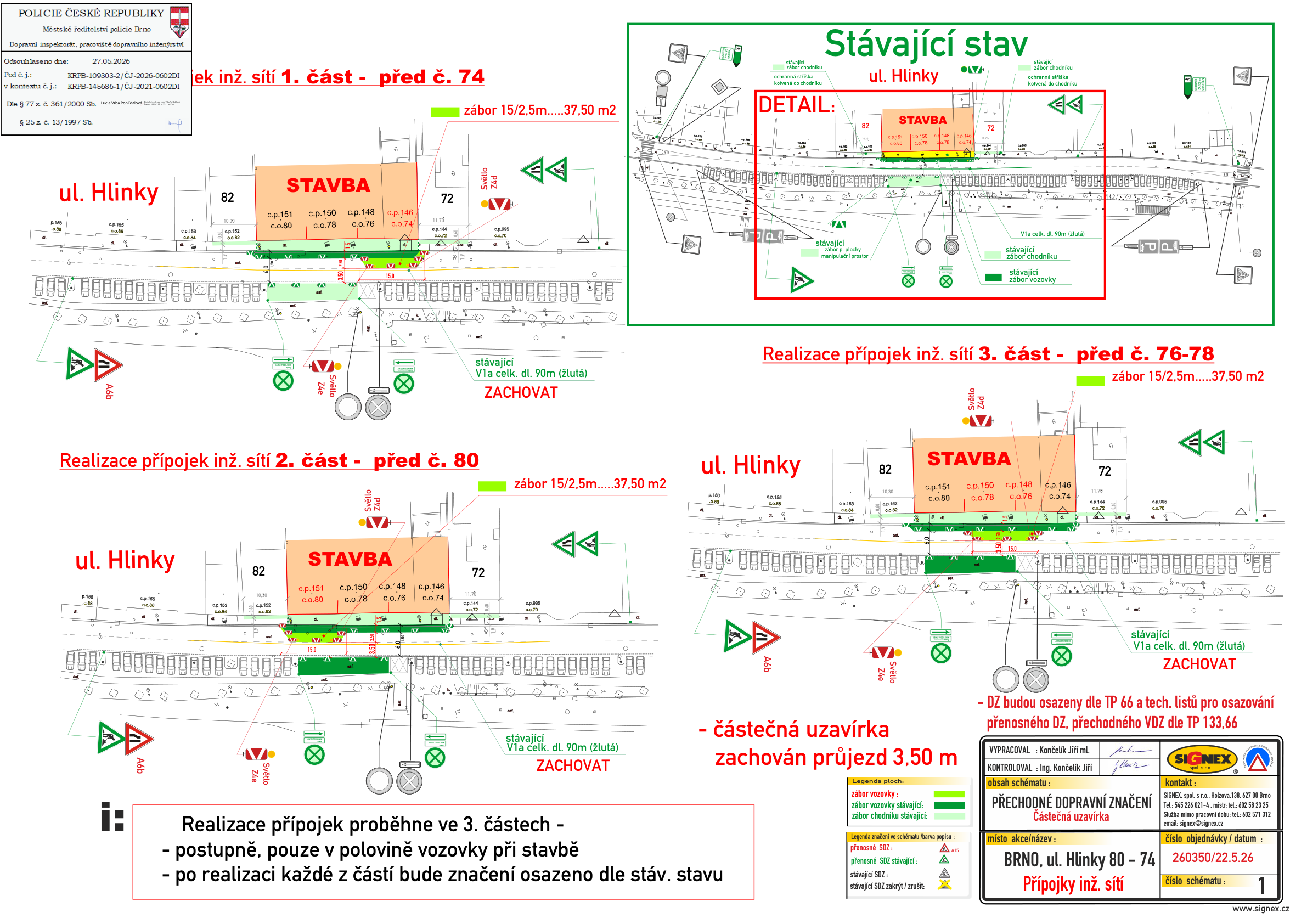 Schéma přechodného dopravního značení na Hlinky 80–74