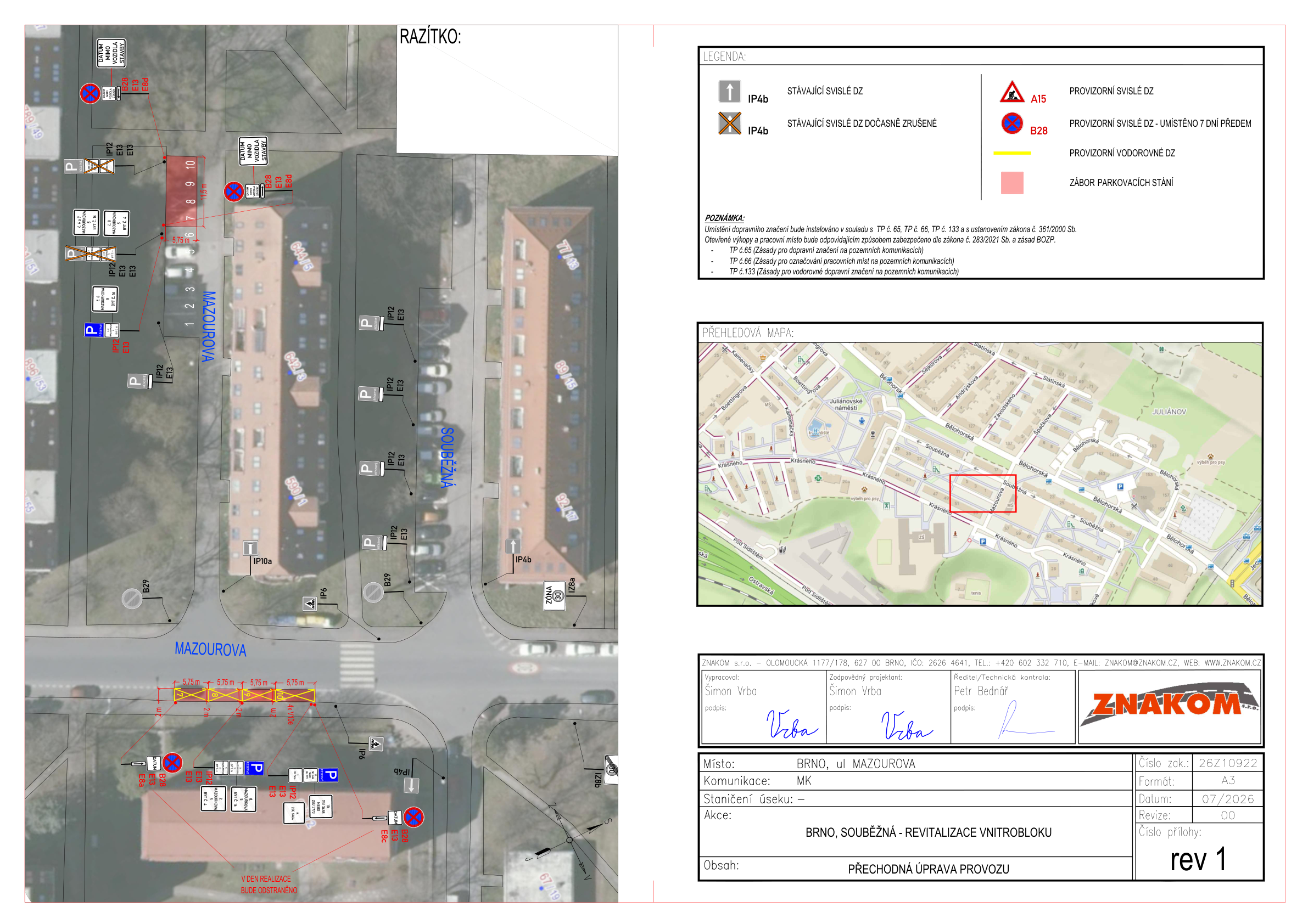 Situační výkres přechodného dopravního značení — Mazourova, revitalizace vnitrobloku Souběžná