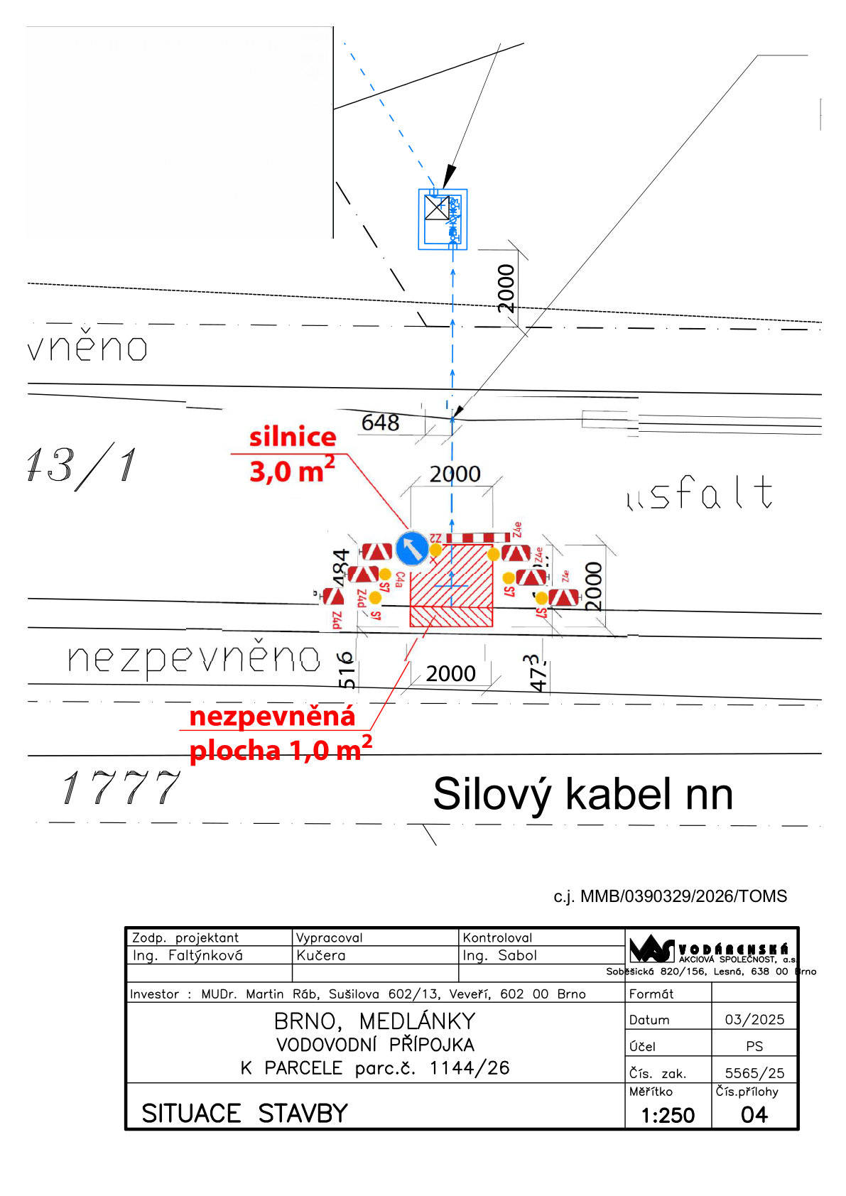Situační výkres záboru pro vodovodní přípojku na ulici Turistická